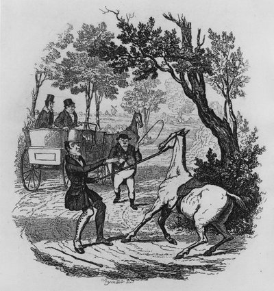 Mr. Winkle et Mr. Pickwick essayant de contrôler leur cheval, illustration de 